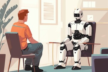 A man sits in a chair next to a robot, observing its movements, A robot psychologist counseling a human patient, AI Generated