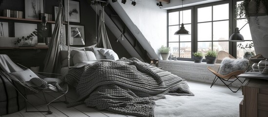 Scandinavian-style loft with suspended bed, cozy gray plaid, giant knit blanket, trendy design.