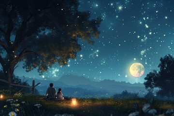 Two individuals sitting underneath a tree, gazing at the stars in the night sky, A romantic summer night scene under a moonlit starry sky, AI Generated
