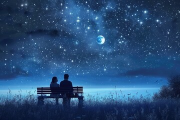 A pair of individuals sitting together, gazing at the stars above from a bench, A romantic summer night scene under a moonlit starry sky, AI Generated