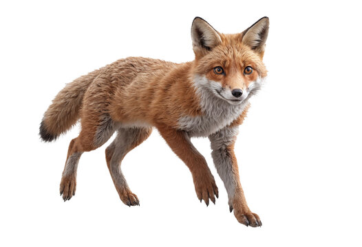 funny fox animal in full body jumping through the picture isolated against transparent background