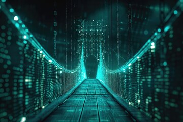 A man walks across a bridge at night with only the faint glow of streetlights illuminating his path, A secure internet gateway portrayed as a guarded bridge, AI Generated - obrazy, fototapety, plakaty
