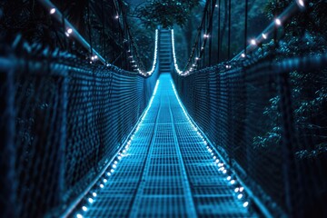 A long suspension bridge spanning across the night sky, brilliantly illuminated by a multitude of lights, A secure internet gateway portrayed as a guarded bridge, AI Generated