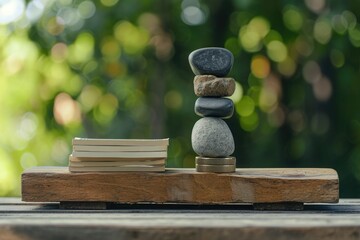 A collection of rocks neatly piled on top of a wooden table, creating an interesting and balanced composition, A seesaw with goods on one side and money on the other showing imbalance, AI Generated