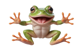 funny frog animal in full body jumping through the picture isolated against transparent background
