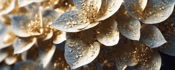 there are many gold flowers that are hanging from a tree