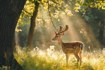 Naklejka na ściany i meble A deer stands gracefully in the heart of a dense forest, showcasing its elegant presence, A serene deer standing in a meadow with sunlight filtering through the trees, AI Generated