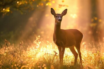 A deer stands alone in the middle of a field, surrounded by tall grass and with blue sky in the background, A serene deer standing in a meadow with sunlight filtering through the trees, AI Generated