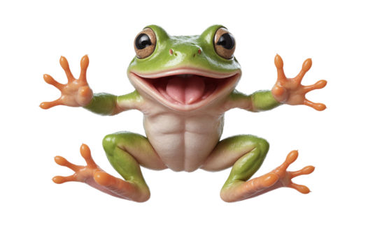 funny frog animal in full body jumping through the picture isolated against transparent background