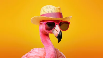  Stylish flamingo wearing a straw hat and sunglasses against a vibrant orange background. © Sascha