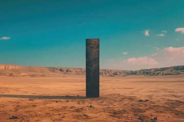 A towering pillar stands prominently in the vast expanse of the desert landscape, A solitary monolith standing tall in a barren desert, AI Generated