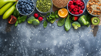 Healthy food choices on modern grey background with fresh fruits and vegetables - obrazy, fototapety, plakaty