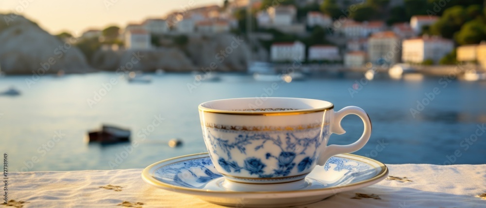 Canvas Prints A cup of coffee sits on a saucer with a view of the water. Generative AI.