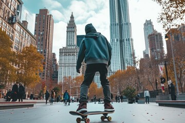 A man confidently rides a skateboard down a bustling city street lined with towering buildings, showcasing his skill and agility, A teenager skateboarding in a cityscape, AI Generated