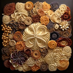 A large arrangement of different types of pasta. Generative AI.
