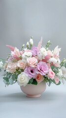 Elegant Floral Arrangement in a Pastel Pink Vase, a Mix of Roses, Lilies, and Eustomas on a Serene Grey Background - Perfect for Gifting and Decoration.