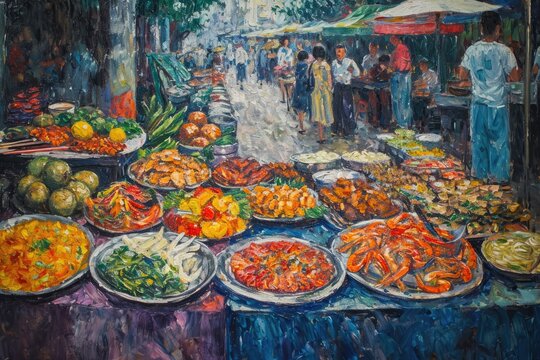 A detailed painting depicting a variety of appetizing food items arranged on a table, A street-food scene in the post-impressionism style, AI Generated