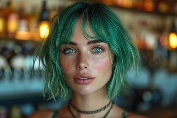 Fototapeta premium A portrait of a young woman with alluring green hair on St. Patrick's Day