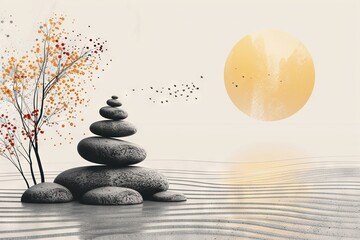 A serene and simplistic scene of nature's balance, with a stack of rocks resting atop the soft grains of sand.
