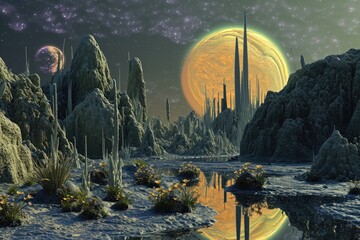 Futuristic Landscape With Mountains and Planets, A surreal landscape of silicon-based lifeforms on a planet circling a binary star, AI Generated