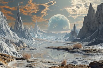 A painting depicting a landscape with towering mountains and distant planets in the backdrop, A surreal landscape of silicon-based lifeforms on a planet circling a binary star, AI Generated