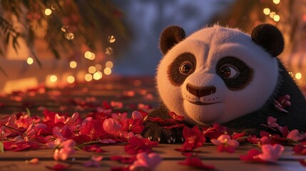 cute panda with flowers, Create a heartwarming Valentine's Day banner featuring an adorable panda...