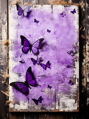 Butterflies on a grunge violet background. Copy space for text.