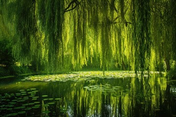 A pond filled with numerous water lilies floating on the surface amidst vibrant green foliage, A tranquil pond surrounded by weeping willow trees, AI Generated