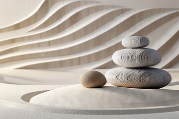 A serene and simplistic scene of nature's balance, with a stack of rocks resting atop the soft grains of sand.