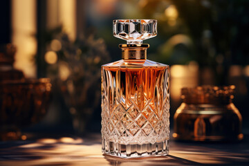 A sleek glass perfume bottle captures the essence of a delicate fragrance, visually embodying the aromatic allure contained within. Concept of olfactory elegance. Generative Ai.