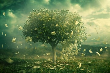 A tree with money falling from its branches, creating a stunning and unexpected sight, A tree that grows money, dropping down as leaves wilt, AI Generated