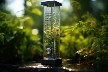 A clear glass rain gauge collects droplets, quantifying the precipitation and providing a tangible measure of nature's bounty. Concept of transparent weather tracking. Generative Ai.