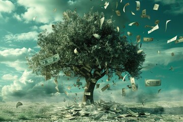 A tree laden with money is depicted in this image, as a shower of bills cascades from its branches onto the ground below, A tree that grows money, dropping down as leaves wilt, AI Generated