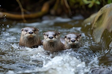 Three Otters Swimming in the Water, A trio of adorable otters swimming in a river, AI Generated