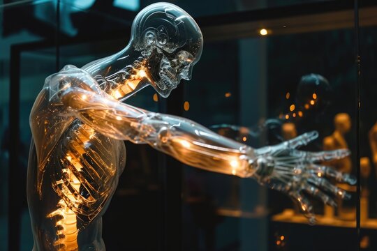 A human skeleton is showcased in a clear glass case, providing a detailed view for study and observation, A transparent and illuminated human body showing an advanced prosthesis, AI Generated