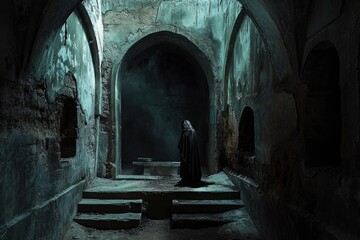 A person standing at the bottom of a dark tunnel, illuminated by a faint light, leading up a flight of stairs, A vampire lurking in the shadows of an ancient stone crypt, AI Generated