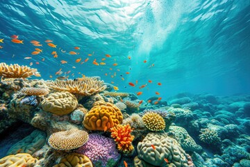 A Vibrant Coral Reef Teeming With Diverse Coral Species, A vibrant coral reef teeming with marine life under crystal clear waters, AI Generated