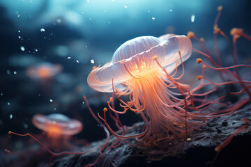 A bioluminescent organism in a deep-sea abyss emanates an otherworldly glow, highlighting the beauty and adaptability of life in extreme environments.  Generative Ai.