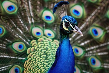 Obraz premium A stunning close-up of a peacock displaying its vividly colored feathers in full bloom, A vibrant peacock displaying its beautiful feathers, AI Generated