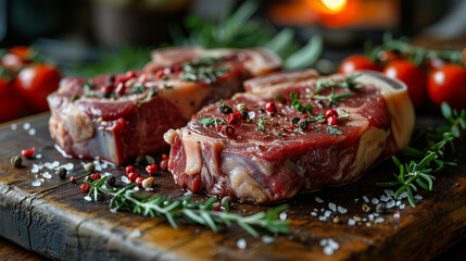 Raw lamb steak on a wooden board - 727391172