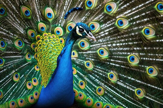 A close-up photograph showcasing the magnificent display of feathers by a peacock, A vibrant peacock displaying its beautiful feathers, AI Generated