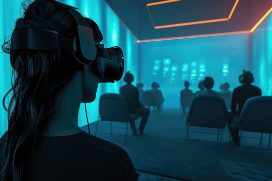 A woman wearing headphones stands amidst a crowded room full of people, immersed in her music, A virtual reality setting where people can interact with podcast speakers, AI Generated - Powered by Adobe