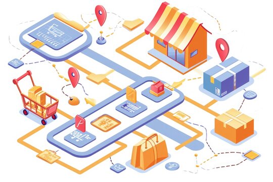A map featuring a shopping cart surrounded by other items, showcasing a variety of shopping opportunities, A visual representation of customer journey in e-commerce, AI Generated