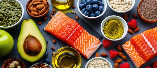 Bird's-eye image of nutritious omega-3 foods: Diverse options include fish, nuts, seeds, fruit, veggies, and oil. - obrazy, fototapety, plakaty
