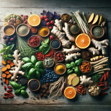 Top view of  food herbs spices and fruit used in herbal medicine,health care concept