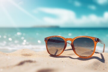 Fototapeta na wymiar A pair of sunglasses sitting atop the warm sandy beach, waiting for their next adventure, Sunglasses are on the legs on the beach, AI Generated