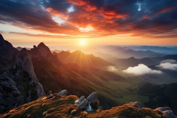 A stunning photo capturing the beauty of the sun as it sets over a breathtaking mountain range, Sunrise on a mountain landscape view with clouds, AI Generated