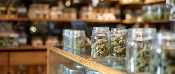 Jars of cannabis on display hint at the complexity of legal, medicinal, and retail aspects in a modern dispensary. - obrazy, fototapety, plakaty