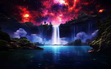 Galactic Reflections: Fantasy Waterfall and Celestial Lake with Stars
