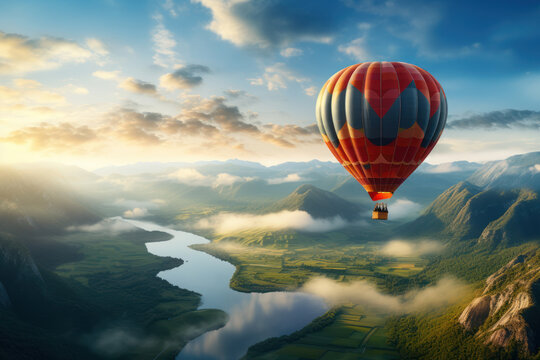 A hot air balloon rises above a mist-covered valley, providing passengers with an awe-inspiring view that elicits a sense of wonder at the world below.  Generative Ai.